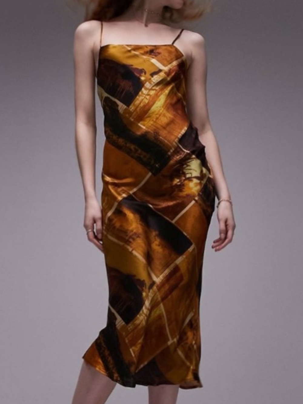 Topshop Burnt Orange & Black Printed Satin Midi Slip Dress